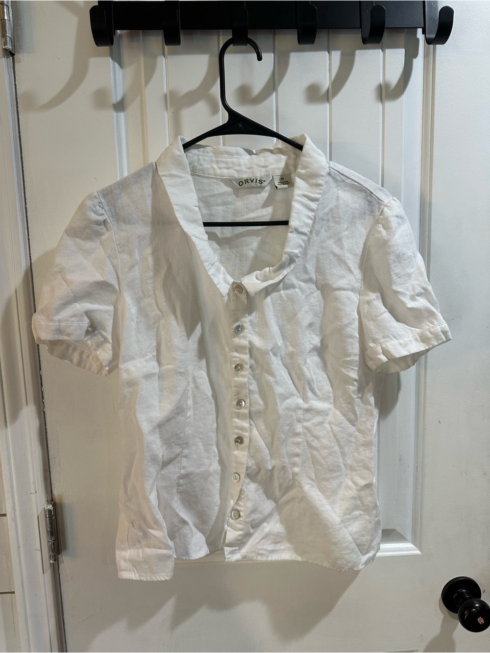 Orvis Women’s Size 10 White 100% Linen Peter Pan Collar Button Blouse - Picture 2 of 6